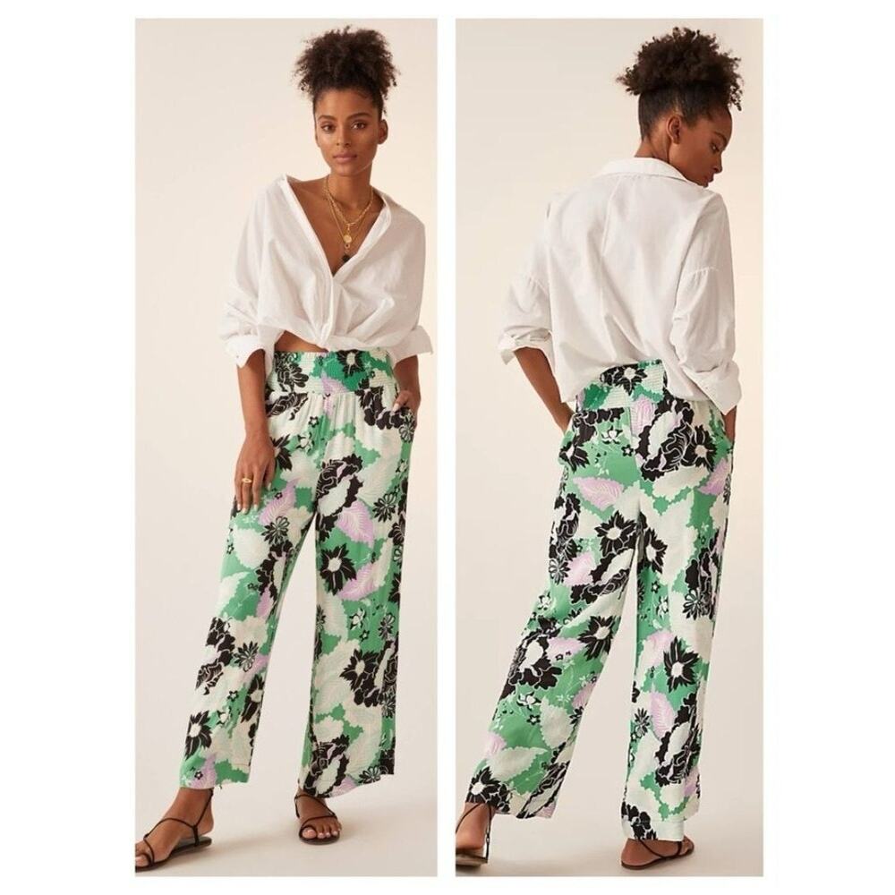 Maeve Anthropologie Saria Smocked Wide Leg Pants Floral White Green Beachy XS T